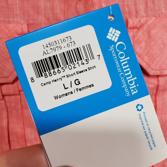 COLUMBIA NWT Camp Henry Short Sleeve Shirt Button Front Cotton Pink Womens Large - Picture 10 of 13